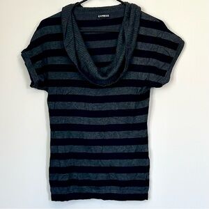 Express Women's Short Sleeve Black and Gray Striped Cowl Neck Sweater - Medium